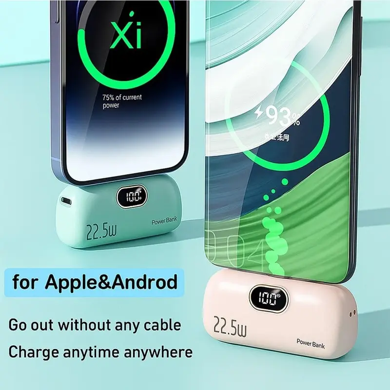 Pocket-Sized 5000mAh Charger, 22.5W Fast Charge, Type-C & USB-A, Digital Power Indicator, Lightweight Design, Compatible with iPhone 11–17