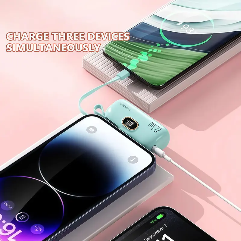 Pocket-Sized 5000mAh Charger, 22.5W Fast Charge, Type-C & USB-A, Digital Power Indicator, Lightweight Design, Compatible with iPhone 11–17